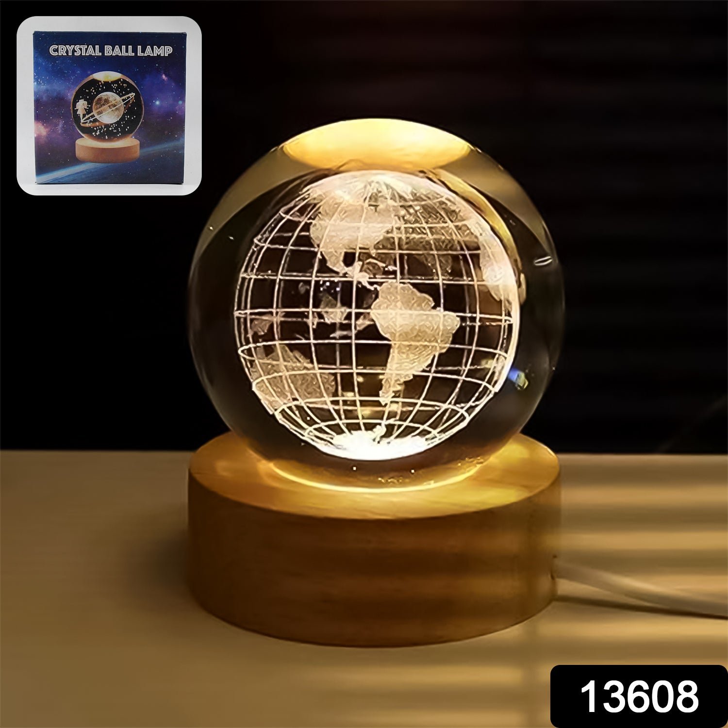 3D Crystal Ball Lamp – World Globe Design, Wooden Base | Indo Glow