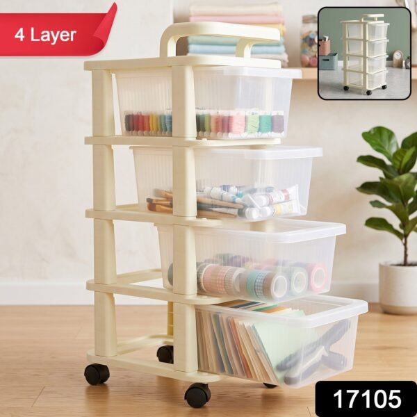 4-Tier Plastic Storage Trolley with Wheels, Rolling Drawer Organizer Cart (1 Pc)