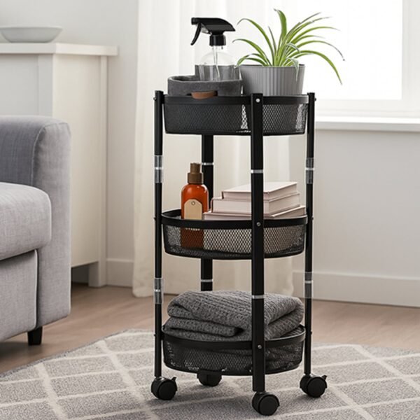 Metal Mesh Storage Trolley – 3-Layer Utility Cart with Wheels
