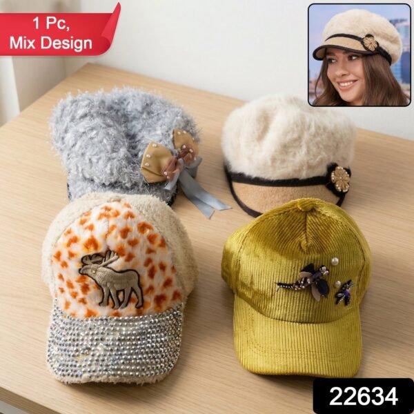 Winter & Summer Designer Cap – Soft Fur with Embroidery for Women