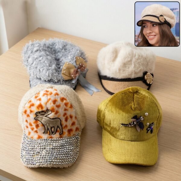 Winter & Summer Designer Cap – Soft Fur with Embroidery for Women