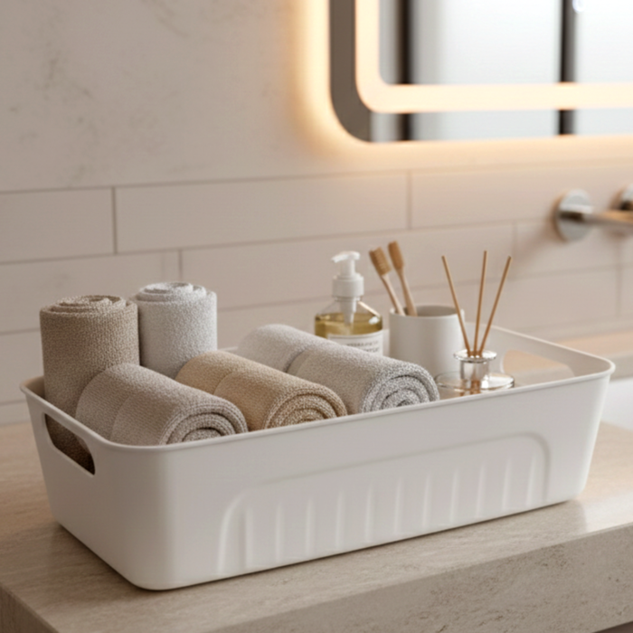 whitestoragecontainer-02 White Plastic Storage Basket Set – 4 Durable Stackable Organizers