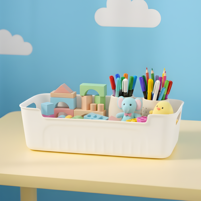 whitestoragecontainer-03 White Plastic Storage Basket Set – 4 Durable Stackable Organizers
