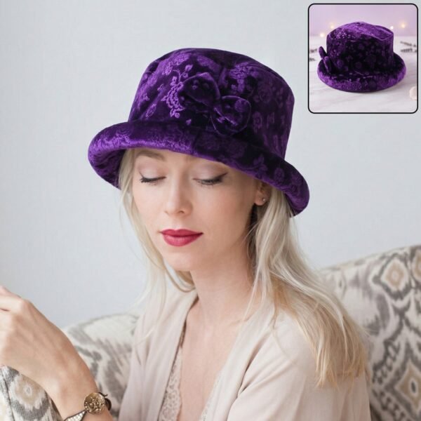Velvet Floral Bucket Hat – Elegant Winter Accessory for Women